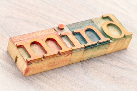 mind word abstract in letterprtess wood type blocks stained by color inks