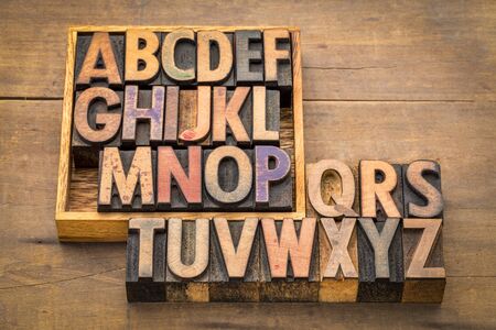 alphabet abstract in vintage wood type with a boxの写真素材