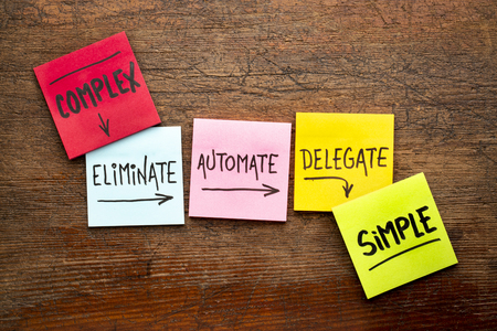 Task management concept from complexity to simplicity: eliminate, automate, delegate. Handwriting on...