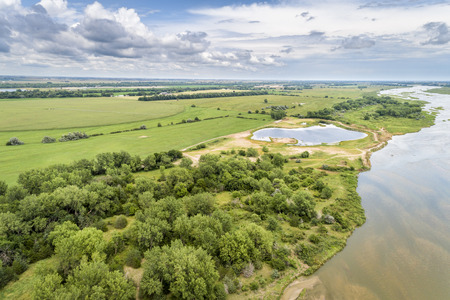 aerial view of a velley of the Platte River near Kearney, Nebraska in summer sceneryの写真素材