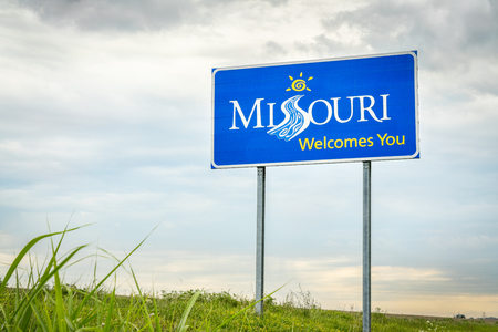 Missouri Welcomes You - a roadside sign at a state border with Illinoisの写真素材