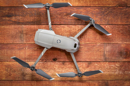 Fort Collins, CO, USA - December 27, 2018: DJI Mavic 2 pro against rustic wood - an andvanced prosumer folding drone.のeditorial素材