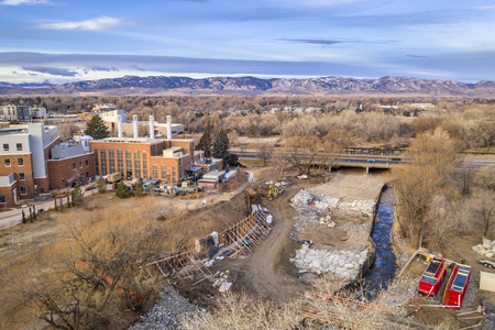 construction of whitewater park on the Poudre River in downtown of Fort Collins, Colorado, aerial viewの写真素材