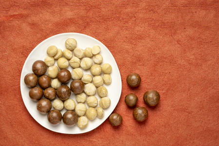 macadamia nuts on a white plate against red textured paper background with a copy spaceの写真素材