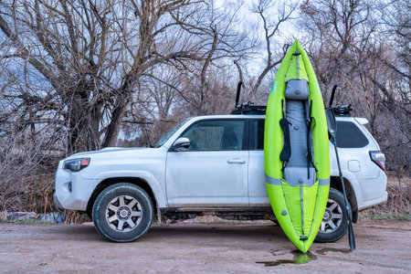 Fort Collins, CO, USA - April 1,  2019 : Toyota 4 Runner SUV (2016 Trail Edition) with a whitewater...