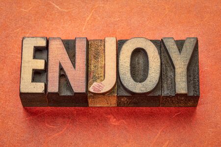 enjoy word abstract in vintage letterpress wood type printing blocksの写真素材