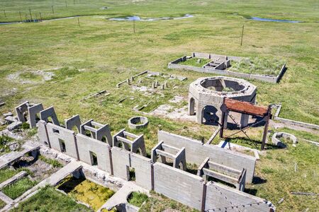 concrete ruins of one of five reduction plants and pump stations manufacturing potash during World War I near Antioch, Nebraska, aerial viewの写真素材