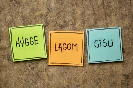 hygge, lagom and sisu scandinavian lifestyle and national character  concepts from Denmark, Sweden...