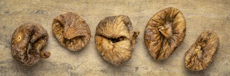 dried Turkish figs - row of fruits against textured bark paper, long banner formatの写真素材