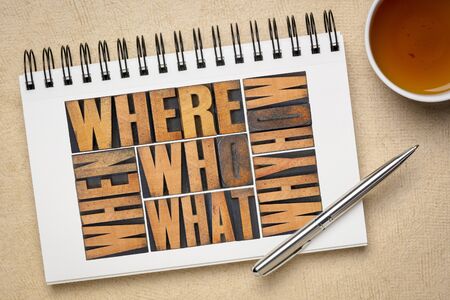 who, what, how, why, where, when, questions  -  brainstorming or decision making concept - a collage of words in vintage letterpress wood type in a an art sketchbook with a cup of teaの写真素材