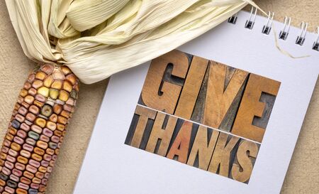 give thanks - Thanksgiving concept - word abstract in letterpress wood type against art sketchbook with a decorative cornの写真素材