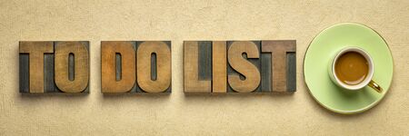 to do list - panoramic banner in vintage letterpress wood type with a cup of coffee, business productivity conceptの写真素材