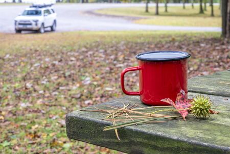 metal cup of tea on a picnic table, forest parking with a SUV car in background, travel and driving conceptの写真素材