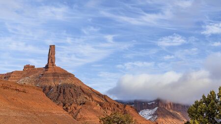 Castleton Tower, iconic rock formation in Castle Valley near Moab, Utah. The Tower is world-renowned as a subject for photography and for its classic rock climbing routes.の写真素材