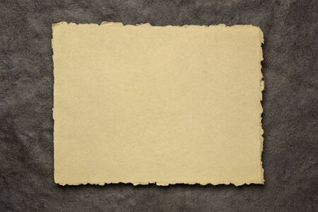 beige and black abstract - a sheet of blank Indian handmade rag paper against textured bark paper, copy spaceの写真素材