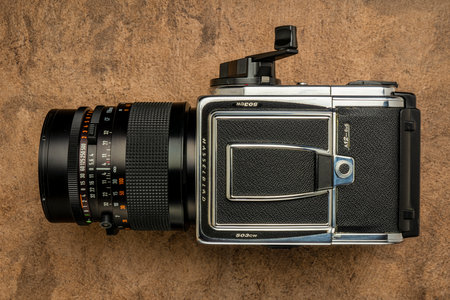 Fort Collins, CO, USA - July 12, 2020: Top view of medium format, classic film camera, Hasselblad...