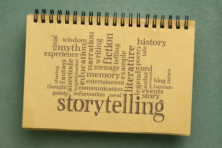story and storytelling word cloud in a spiral sketchbook, culture, communication,  entertainment,...