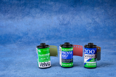 Fort Collins, CO, USA - August 13, 2020: Rolls of 35mm Fujichrome color slide film: Velvia, Provia...