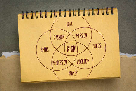 ikigai - interpretation of Japanese lifestyle concept  - a reason for being as a balance between love, skills, needs and money - a diagram in an art sketchbookの写真素材