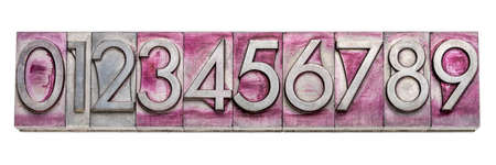 numbers from 0 to 9  in vintage, gritty metal letterpress type stained by printing inks, isolated on...