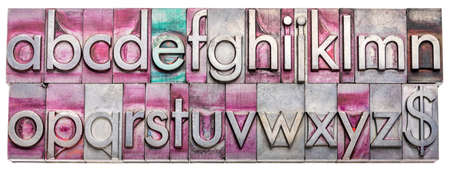 lowercase English alphabet and dollar symbol  in vintage, gritty metal letterpress type blocks stained by printing inks, isolated on white, web bannerの写真素材