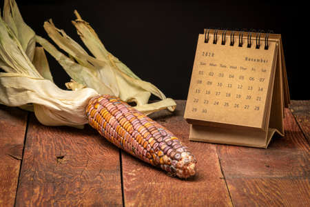 November 2020 - spiral desktop calendar against colorful handmade paper with decorative, ornamental corn, time and business conceptの写真素材