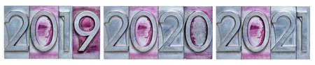 years 2019, 2020 and 2021 - number banner in gritty vintage letterpress metal types isolated on...