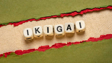 ikigai word abstract in wooden letter cubes against paper abstract, Japanese lifestyle concept  - a reason for being as a balance between love, skills, needs and moneyの写真素材