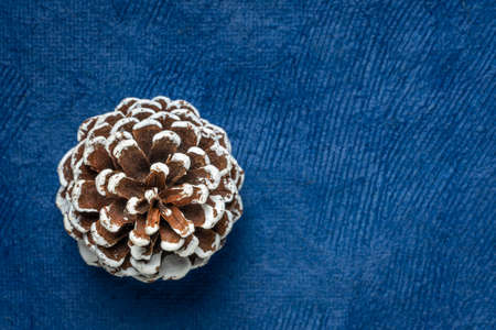 frosty decorative pine cone against blue handmade paper with a copy space, winter holidays...
