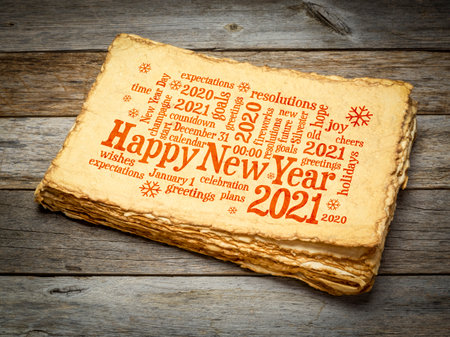 Happy New Year 2021 greetings card  - word cloud on a retro handmade paperの写真素材
