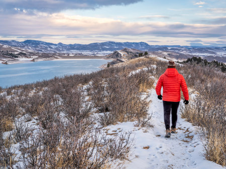 winter walk at Colorado foothills of Rocky Mountains along Horsetooth Reservoirの写真素材