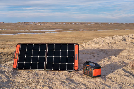Nunn, CO, USA - March 28, 2021: Jackery Explorer 500, 518Wh lithium Portable Power Station, is beeing charged by a solar panel in a remote location in Pawnee National Grassland, early spring scenery.のeditorial素材