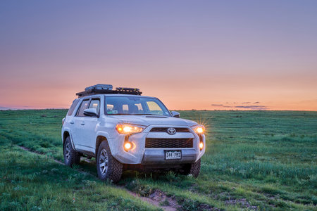 Keota CO, USA - June 8, 2021: Toyota 4Runner SUV (2016 Trail edition) before sunrise in Pawnee...