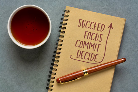 decide, commit, focus, succeed word abstract - handwriting in a notebook with a cup of tea, success, determination and personal development conceptの写真素材