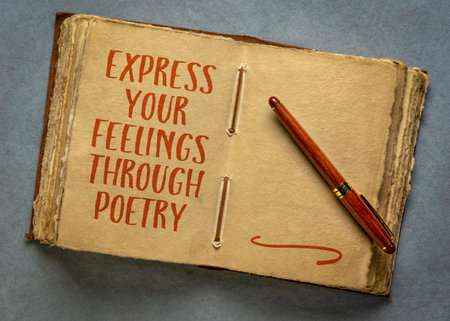 express your feelings through poetry, inspirational handwriting in a retro journal or diary, journaling conceptの写真素材