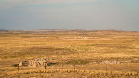 prairie in northern Colorado, late summer scenery with smoke and haze from distant wildfiresの写真素材