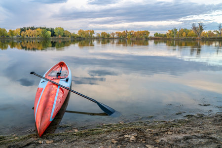 Flatwater racing stand up paddleboard with a paddle on a lake shore at dusk in a fall scenery of northern Colorado.の写真素材