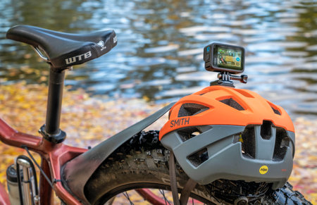 Fort Collins, CO, USA - October 7, 2021: GoPro Hero 10 waterproof action camera mounted on a biking...