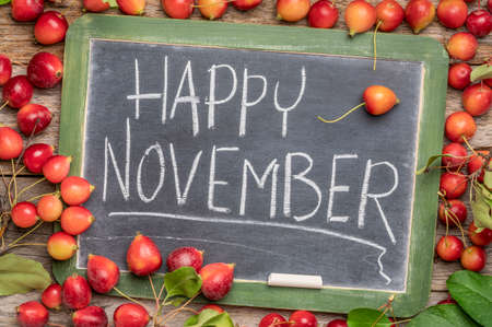 Happy November  greeting card - white chalk text on a retro slate blackboard framed by red crab applesの写真素材