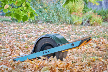 one-wheeled electric skateboard in a backyard in fall scenery