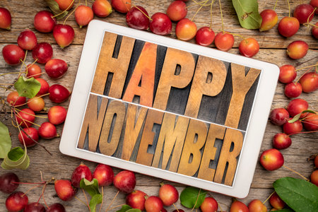 Happy November typography  greeting card - word abstract in letterpress wood type on a digital tablet framed by red crab applesの写真素材