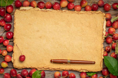 blank, handmade paper with rough edges and a stylish pen framed by red crab apples - fall holidays themeの写真素材