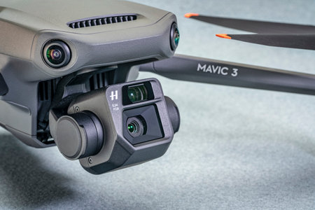 Fort Collins, CO, USA - November 20, 2021: Front end of the newest DJI, foldable consumer drone - Mavic 3 with the dual camera by Hasselblad.のeditorial素材