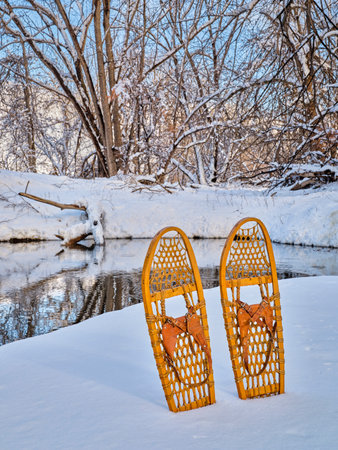 classic wooden snowshoes (Bear Paw) on a stream shore, winter scenery in Coloradoの写真素材