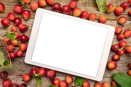 mockup of digital tablet with a blank isolated screen, flat lay on a rustic wood with red crab applesの写真素材