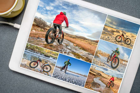 Reviewing pictures of fat bike riding in Colorado foothills and prairie featuring the same senior...