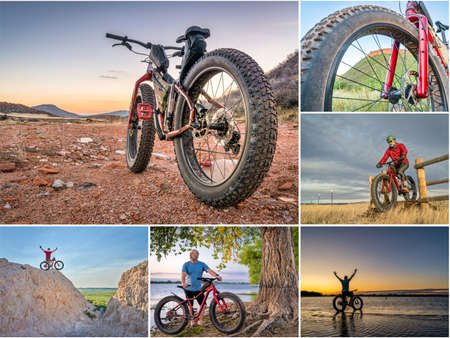 fat bike riding in Colorado foothills and prairie featuring the same senior male cyclist on a...