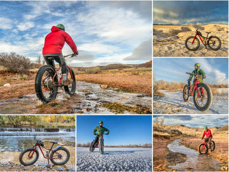fat bike riding in Colorado foothills and prairie featuring the same senior male cyclist on a digital tablet. All screen pictures copyright by the photographer.の写真素材