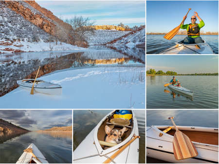 paddling a decked expedition canoe on lakes and rivers in Colorado, a set of pictures featuring the same senior male paddler, all images copyright by the photographerの写真素材