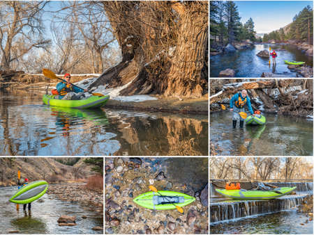 paddling inflatable whitewater kayak on lakes and rivers of northern Colorado - picture collection featuring the same senior male paddler, all images copyright by the photographerの写真素材